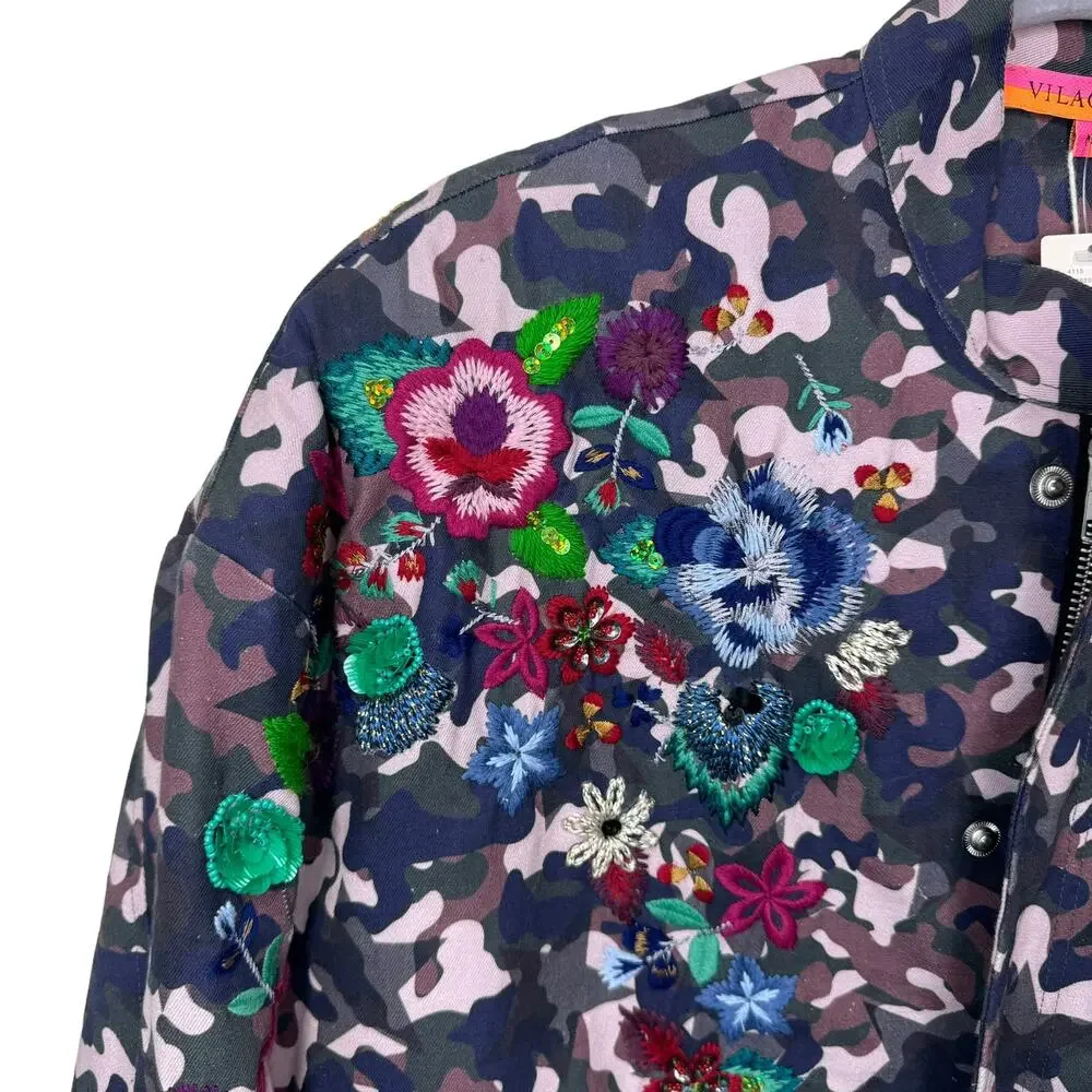 Vilagallo Anthropologie Embroidered Camo Sequin Jacket M